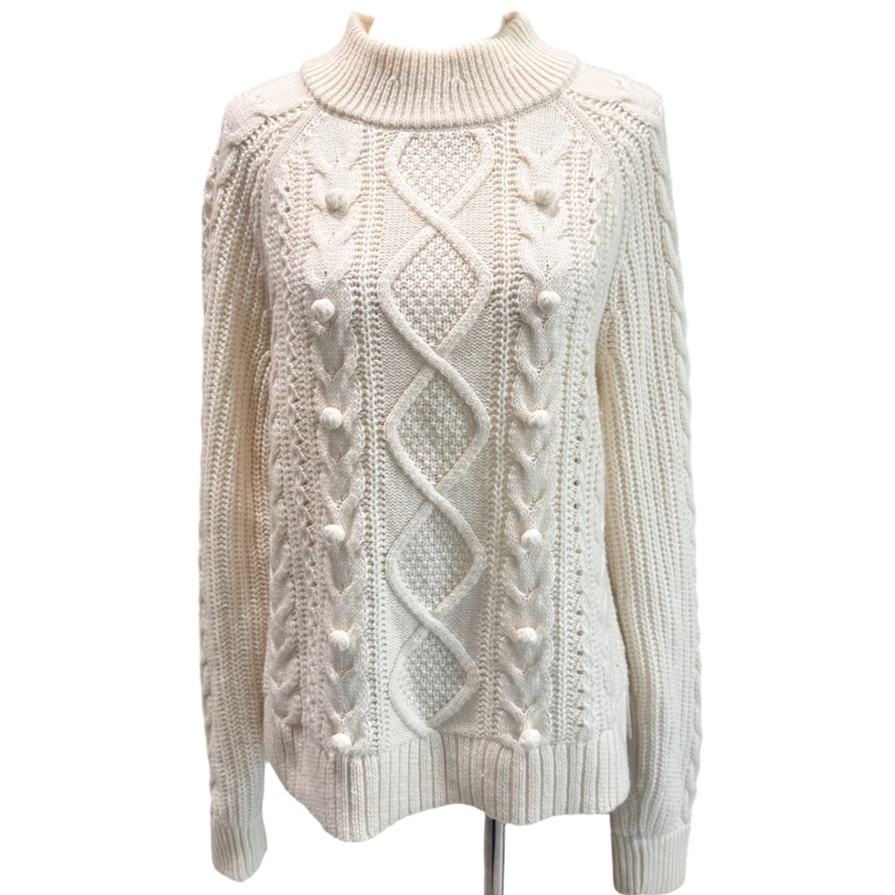 J.Crew Azra Women's Cable Knit Sweater Cream pom-pom Wool Blend sweater Medium